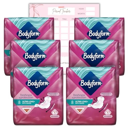Body Form 8 Ultra Long Sanitary Towels with Wings Pack of 6, 48 (8 x 6 Packs) Heavy Flow Breathable Top Layer Period Pads, Cour-V Ultra Long with Caliko Period Tracker