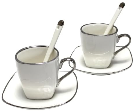 Queen Isabell Lot de 2 tasses à expresso avec soucoupes en porcelaine fine, 2 x 80 ml (blanc/argent)