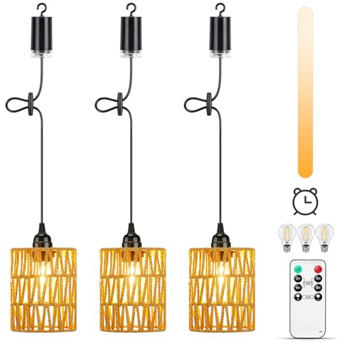 Lightsjoy 3x Boho Hängelampe mit Batterie Innen Außen Dimmbar Fernbedienung | Outdoor Indoor Hängelampe IP65 wasserdicht, Deckenlampe ohne Stromanschluss, Hängeleuchte Akku für Garten Esszimmer