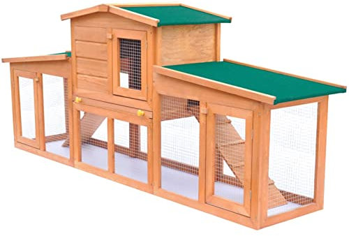 BAZZI Großer Outdoor Kaninchenstall mit Dächern aus Holz in Braun und Grün, Hasenstall, Meerschweinchen Käfig, 190x46x85 cm, Hasenhaus, Kleintierhaus, Hamsterkäfig, Kaninchengehege, Kleintierkäfig