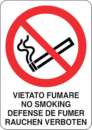GLOBAL CARTELLO SEGNALETICO - VIETATO FUMARE IN 4 lingue - Adesivo Extra Resistente, Pannello in Forex, Pannello In Alluminio (30x42 cm, Alluminio)