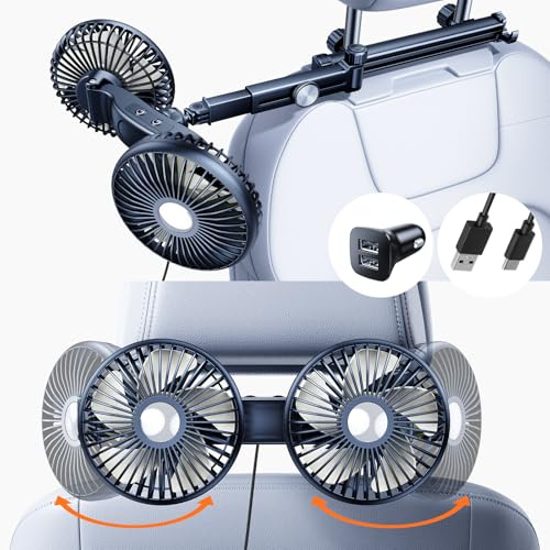 Nauttxon Ventilateur de voiture pour siège arrière pour enfants avec long bras rétractable, livré avec chargeur de voiture, rotatif à 360 degrés, 3 vitesses, contrôle séparé, ventilateur de voiture