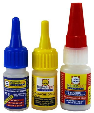 REPAR-EX BRICOLAGEPRO - Lot de Colle - Colle de 10g - Poudre d'Assemblage de 15g - Détache Colle de 10ml - Tous Supports