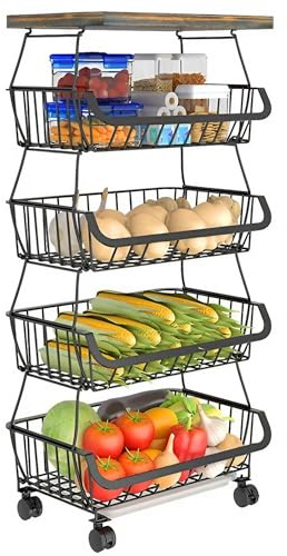 Fubiaofei Fruit and Vegetable Rack, 5 Tier Stackable Metal Kitchen Storage Baskets on Wheels, Potato Vegetable Rack Storage Trolley Organizer for Kitchen