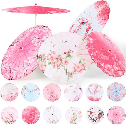 12 Pcs Chinese Oiled Paper Umbrella for Weddings 32 Inch Bamboo Silk Chinese Japanese Parasol Flower Art Dance Umbrella for Bridal Showers Favor Photography Costumes Props(Rose Red,Vibrant)
