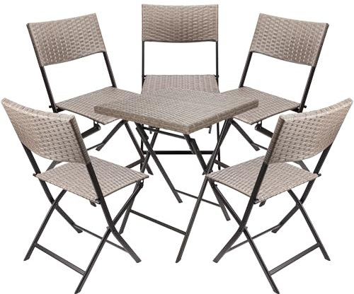 BRUBAKER Balkonset Toskana mit Tisch und 5 Stühlen - Wetterfest klappbar und platzsparend - Polyrattan Balkonmöbel Set - Sitzgruppe für Balkon Terrasse Garten - Bistroset Klappstühle Grau Braun