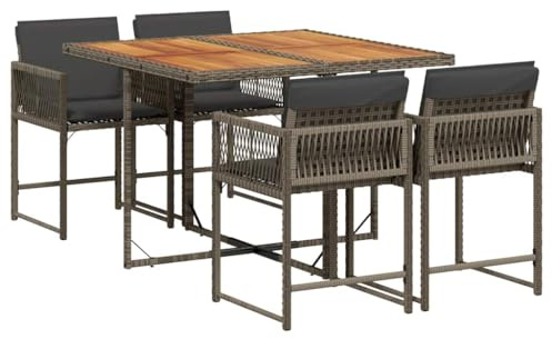 vidaXL Garten Essgruppe 5-TLG., Gartenmöbel Set Tisch mit 4 Stühle, Gartengarnitur mit Kissen, Sitzgruppe Essgarnitur Terrasse, Grau Poly Rattan