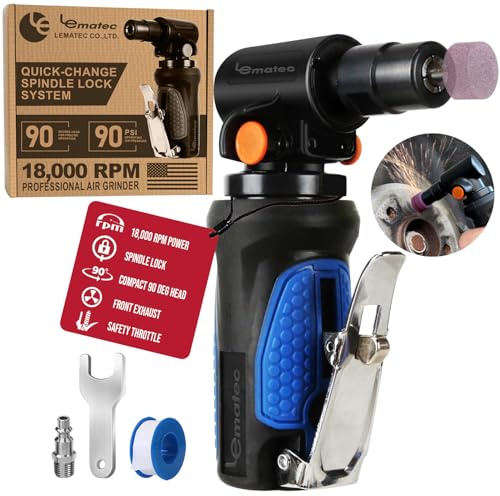 Le Lematec Meuleuse Pneumatique 6,35 mm à Angle Droit - 18 000 tr/min, Verrouillage de Broche, Échappement Avant, pour Automobile, Métal, Bois et Ébavurage