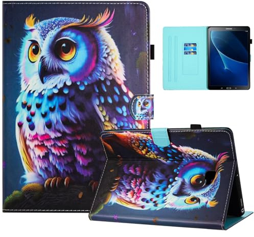 Auslbin Buntes PU Hülle für Samsung Galaxy Tab A6 2016 10.1 Zoll, Bunt Schönes Muster, Flip Tab A6 2016/T580/T585 Tablet Hülle mit Ständer, Geeignet für Filme, Video-Chats, Eule