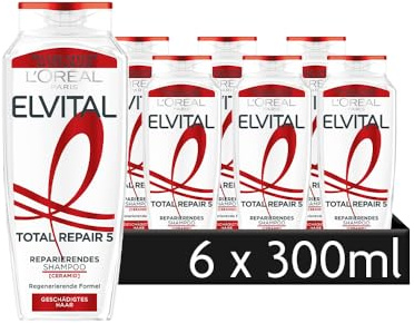 L'Oréal Paris Elvital Reparierendes Shampoo gegen 5 Probleme geschädigter Haare, Mit Cicamide und Pro-Keratin, Total Repair 5, 6 x 300 ml