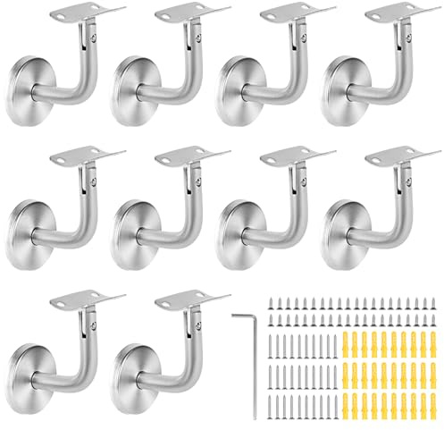 SUPAWAY Soporte pasamanos Barandilla pasamano Soporte pared para barandilla de escalera Soporte pasamanos inox para escaleras pasillos baños pared interior loft pasamanos antiguos (Plata-10Pcs-Curva)