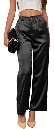 Fakanhui Weites Bein Hose für Damen Arbeit Party Hochzeit Legere Anzughose Satin Nachthose Hose, Schwarz, X-Groß