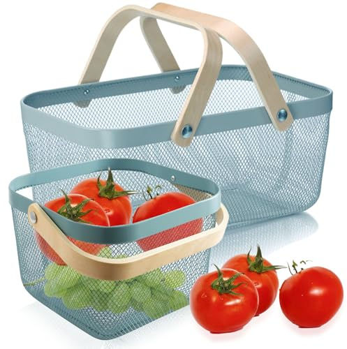 Nexboraque Picknickkörbe, Metallgeflecht, Erntekorb mit faltbarem Holzgriff, rechteckiger Garten-Aufbewahrungskorb für Gemüse, Obst, Garten, Küchenschrank, Picking Gathering, Blau, 2 Stück