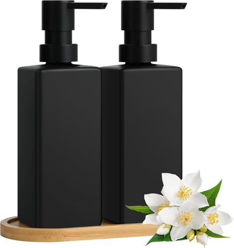 FHISKUNYU Seifenspender Set 2 Stück – 350ml Schwarzer Glas Seifenspender mit Edelstahlpumpe, Wasserfeste Etiketten für Handseife, Spülmittel und Lotion, Modern und Elegant für Bad und Küche