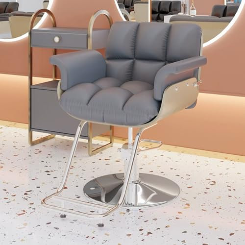 Friseurstuhl Herren mit Pedal Heb- Und Drehbar Leichter Luxus-Mode-Friseurstuhl mit Silbernem Tellerfuß und Armlehnen für Friseursalon Frisörladen Barbershop(Gray)