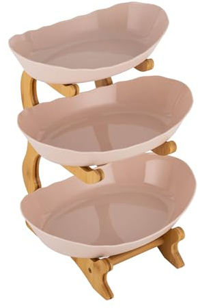 HHEMSTD 3 Tier Fruit Bowl Bamboo Serving Tray Fruit Basket Stand Holder for Kitchen Countertop, Plastic Serving Tray for Food with Wooden Stand, Snack Cake Berry Storage Rack in Party Beige