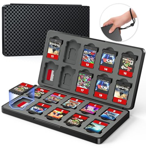 Game Case for Nintendo Switch 2/1, Lite, OLED - Game Holder for Switch Cartridges with 20 Game Card Slots & 20 Micro SD Card Slots, Magnetic Closure, Hard Shell Case with Soft Silicone Lining (Black)