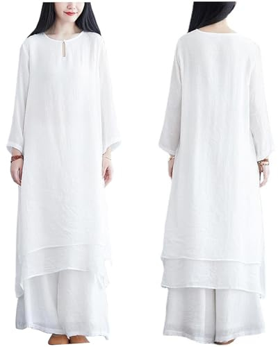 Vêtements de Tai Chi pour Femmes, Uniforme de Kung Fu en Soie et Lin, Costume d'arts Martiaux à Manches Longues pour Exercice Matinal de Méditation Zen,White-XXL