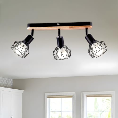 YNFLux LED Deckenleuchte Deckenstrahler Schwenkbar aus Holz in Schwarz 3 Flammig Deckenspots E14 Fassung modernes Design geeignet für Wohnzimmer Schlafzimmer Küche und Flur mit Leuchtmitte