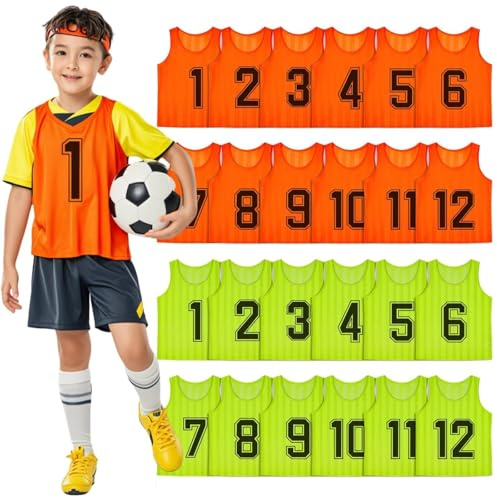ASMIZ Lot de 24 Chasubles Enfant Numérotées – Gilets d’Entraînement en Maille pour Équipe Sportive, Maillots de Football Enfants pour Matchs, Basketball, Volleyball, Jeux Collectifs – Orange & Vert