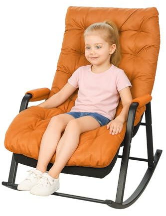 Silla mecedora para niños de 3 años + con reposabrazos y bolsillo lateral, estructura de acero, reposapiés ajustable a 5 alturas, soporta hasta 250 kg, para salón o dormitorio, color naranja