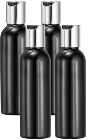 sourcing map 4 Pcs Plastic Travel Bottles, 2 oz Empty Shampoo Bottles with Silver-Black Disc Top Caps Clear Refillable Travel Squeeze Containers for Lotions Cosmetics Body Soap, Black
