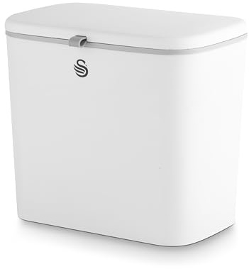 Swan 7L Kitchen Compost Caddy with Door Hanging Hook and Surface Adhesive, Removable Retainer Ring, Food Scraper Included, Water Resistant PP, White
