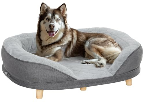 PawHut Divano per Cani Taglia Grande e Media con Imbottitura Laterale e Rivestimento Lavabile, Lettino per Cani con Piedini Antiscivolo e Base Sollevata, 90x78x25cm, Grigio