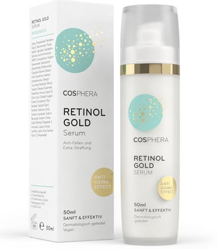 COSPHERA Retinolo siero viso – Cura della pelle del viso con vitamina A, acido ialuronico, niacinamide ed estratto di liquirizia 50 ml – Anti Aging Anti rughe idratante per viso e collo – Vegano – per