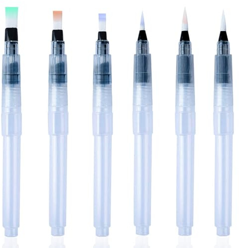 6 Refillable Watercolour Brushes, with Reservoir, Brush Pens, Water Pen, Water Brushes with Fine, Medium, and Large Tips for Watercolor Painting, Sketching Smudging