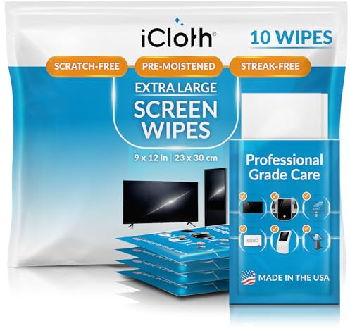 iCloth XL Screen Cleaning Wipes, Lint-Free and Streak-Free, Fast-Drying, Removes Dust, Fingerprints, and Smudges (10 XL Wipes)