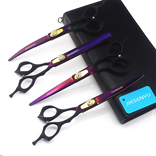 JIESENYU 7.0 zoll Pro Friseurschere Fellschere Scharfe Kanten Schneiden + 2 Gebogen + Effilierschere 4 4 Stück Set für Fellpflege, für Hunde, Violett