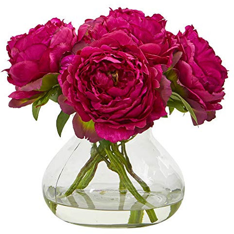 NearlyNatural Mini vaso di vetro artificiale con peonia da 25,4 cm, composizioni in seta, orchidea