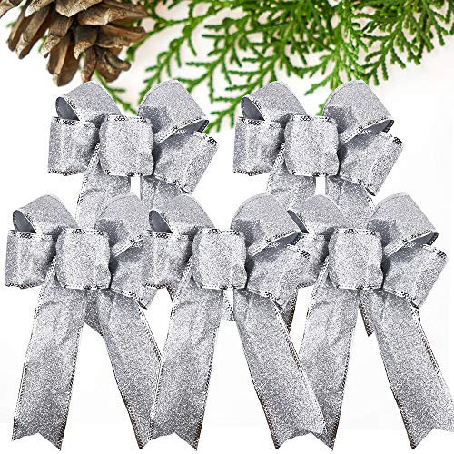 VINFUTUR 5pcs Weihnachtsschleifen Weihnachtsbaum Schleifen Deko Weihnachtsbaumschmuck für Weihnachtskranz Hochzeit Auto (Silber)