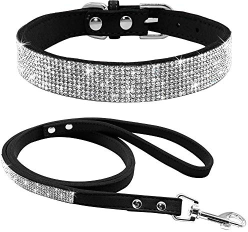 haoyueer Hundehalsband aus weichem Wildleder, schillernd, funkelnd, elegant, ausgefallen, mit Strasssteinen besetzt, für Haustiere, Welpen, Katzen, Hunde, Kombi-Set mit Leine (XS, Schwarz)