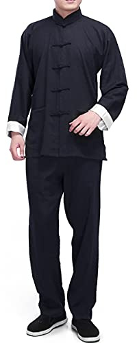 Men's Linen Kung Fu Suit Traditional Chinese Martial Art Uniform Long Sleeve Mandarin Jacket Pants Tai Chi Set (124# Black, XL)