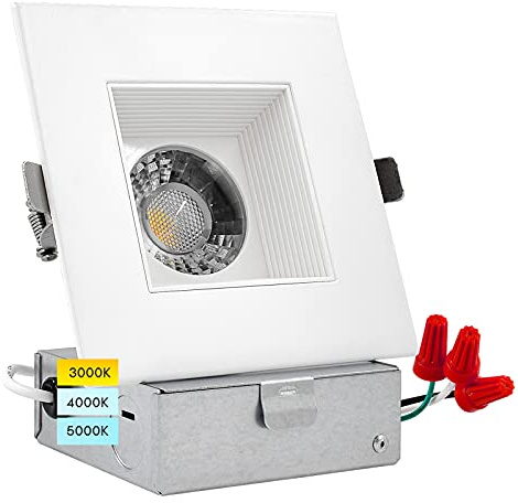 LUXRITE 4 Inch Square LED Recessed Lighting with Junction Box, 15W, 1200 Lumens, 3 Color Options 3000K - 5000K, Regressed LED Downlight, 36° Narrow Spotlight, Dimmable, CRI 90, IC Rated, Damp Rated