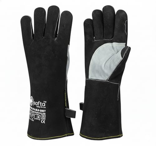 SAFTA Welding Gloves 14 Inch Heat Resistant Gauntlets, Cow Split Leather Work Gloves with Kevlar Stitching MIG TIG ARC BBQ Fireplace Forge Heavy Duty Protection Red Black (Black, 14 Inches)