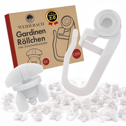 WEIDEBACH® praktische Gardinenhaken 130 Stück, einfach montierbare Gardinenröllchen, kein Verrutschen der 8 Feststeller, Gardinengleiter für alle Standardschienen, stabile Vorhang Haken