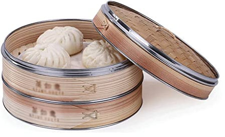 PIAOLING 2-stöckiger Bambus-Dämpfkorb mit Deckel, chinesisches Bio-Holz-Dampfkörbchen-Set mit Edelstahlbändern zum Kochen von Dumpling Dim Sum