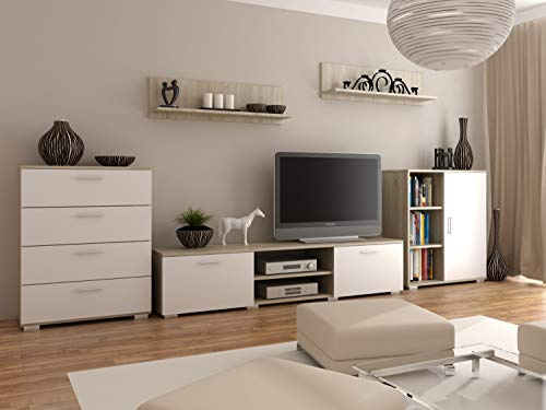 MATKAM Wohnwand Chopin 2, 5-teilig, laminierte 18 mm, Schubladenschrank H100 x B80 x T40 cm, Fernsehschrank H35xB150xT40cm, Kommode mit Tür H100xB80xT30cm, 2X Hängeregale (Sonoma Eiche-Weiß)