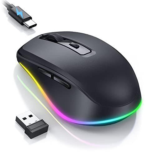 PEIOUS Wireless Mouse Jiggler - LED Wireless Mice with Build-in Jiggler Mover, Rechargeable Moving Mouse for Computer with Undetectable Random Movement Keeps PC Laptop Awake - Black