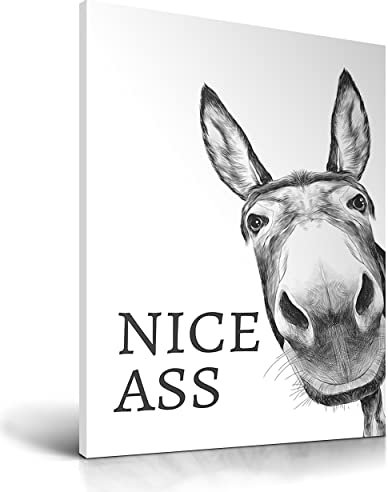 UPWOIGH Funny Bathroom Wall Art Decor, Black and White Donkey Wall Art, Waterproof Wood Framed Canvas Wall Art Animals Abstract Prints, 12x16in High-end Pictures for Dormitory Kids Room 1 Pack