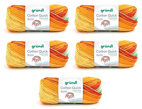 Gründl Ull Cotton Quick Batik stickgarn/virkgarn (garn med färggradient av 100% bomull, OEKO-TEX certifierad, 100 g/260 m, nåltjocklek: 3–4, 5 x 100 g), ljusblå-grön-majs-orange