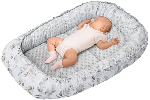Medi Partners Riduttore Lettino Neonato - 100x60x15 Nido Antisoffoco Neonati Bozzolo Culla per Bebè Cuscino 100% Cotone Minky (Cervo in foglie con Minky grigio)