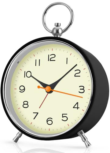 TENOCK Retro Wecker Analoge Ohne Ticken mit Nachtlicht Snooze, 4.3'' Runde Batteriebetrieben Laut für Tiefschläfer, Wecker Ohne Strahlung für Schlafzimmer Wohnzimmer (Schwarz)