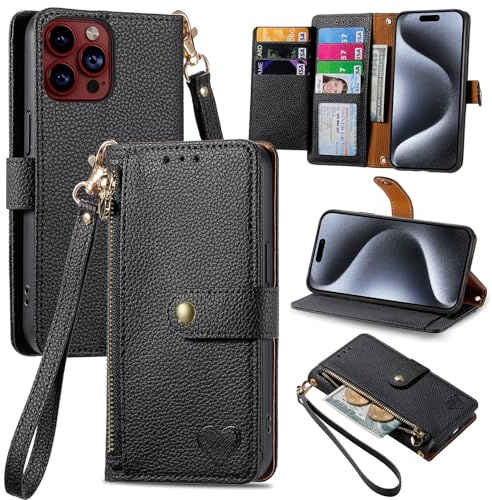 VEEMOS Zipper Wallet Case for Apple iPhone 15 Pro Phone Case with Purse Card Holders RFID Blocking Leather Flip Case Book Cover Wrist Strap Women - Black