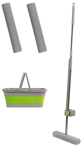 Space Mop 4-in-1: Scopa, Lavapavimenti, Lava e Asciuga Pavimenti - Pulizia Efficiente e Veloce, Adatta a Tutti i Tipi di Pavimenti (Set 2 Ricambi + Secchio Silicone + Filettatura, Grigio)