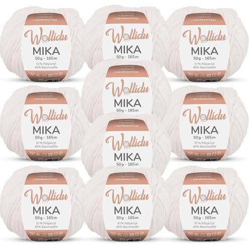 Wollidu Mika 51% Polyacryl 49% Baumwolle zum Häkeln und Stricken 10x 50g/165m Oeko-Tex Strickgarn Häkelgarn - Weiß