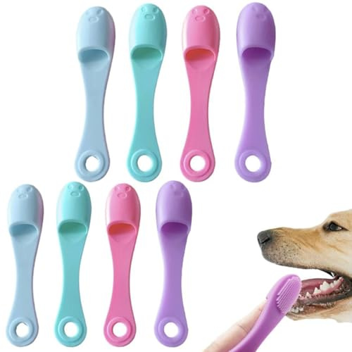 GGUFAY Paquete de 8 cepillos de Dientes para Perros, cepillos de Dientes para Mascotas, Silicona Suave y cómoda, para Perros pequeños y Gatos, Mango Largo Curvo（Azul-Verde-Rosa-Morado）